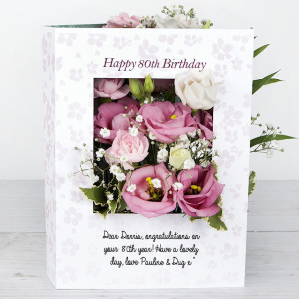 80th Birthday Flowercard with Spray Carnations, Pink Lisianthus, White Gypsophila and Pittosporum