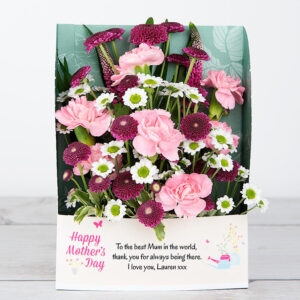 Mother’s Day Flowercard with Spray Carnations, Veronica, Santini, Pittosporum and Chico Leaf