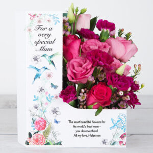 Mother’s Day Flowers with Deep Water Roses, Lisianthus, Pink Wax Flower and Sweet Spray Carnations