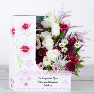 Mother’s Day Flowers with Spray Carnations, Santini, Lisianthus, Pink Tree Fern, Pittosporum and Chico Leaf