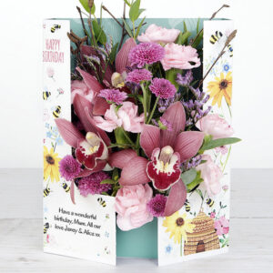 Personalised Birthday Flowercard with Cymbidium Orchid, Spray Carnations, Chrysanthemums, Lilac Willow, Limonium and Eucalyptus Parvifolia