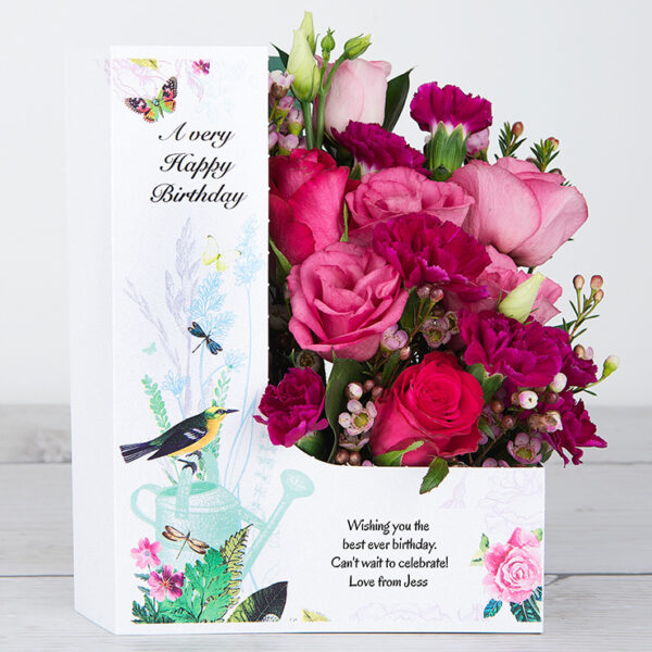 Personalised Birthday Flowercard with Deep Water Roses, Spray Carnations, Lisianthus, Waxflower, Ruscus
