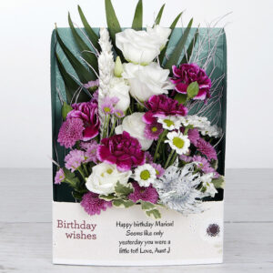 Personalised Birthday Flowers with Spray Carnations, Button Santini, Lisianthus, Pink Tree Fern, Pittosporum and Chico leaf