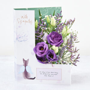 Pet Bereavement Flowers for the Loss of a Cat with Purple Lisianthus, Gypsophila, Lilac Limonium, Chico Leaf and Dried Lavender