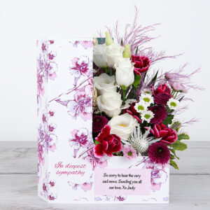 Sympathy Flowers with Pink Spray Carnations, Button Santini, White Lisianthus, Tree Fern, Wheat Heads, Pittosporum and Chico Leaf