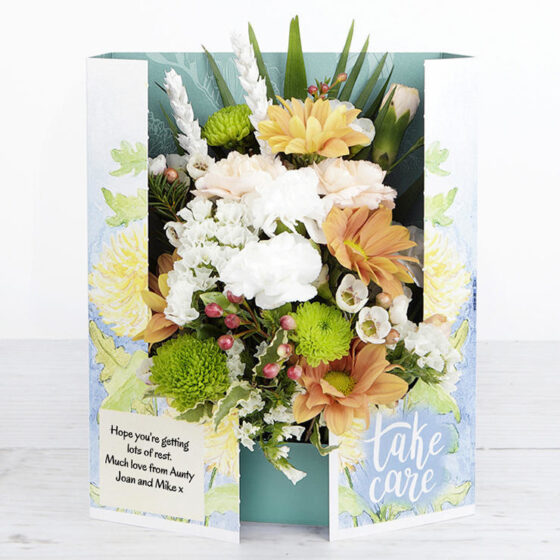 White and Peach Spray Carnations, Rustic White Wheat Heads and Green Santini Flowercard